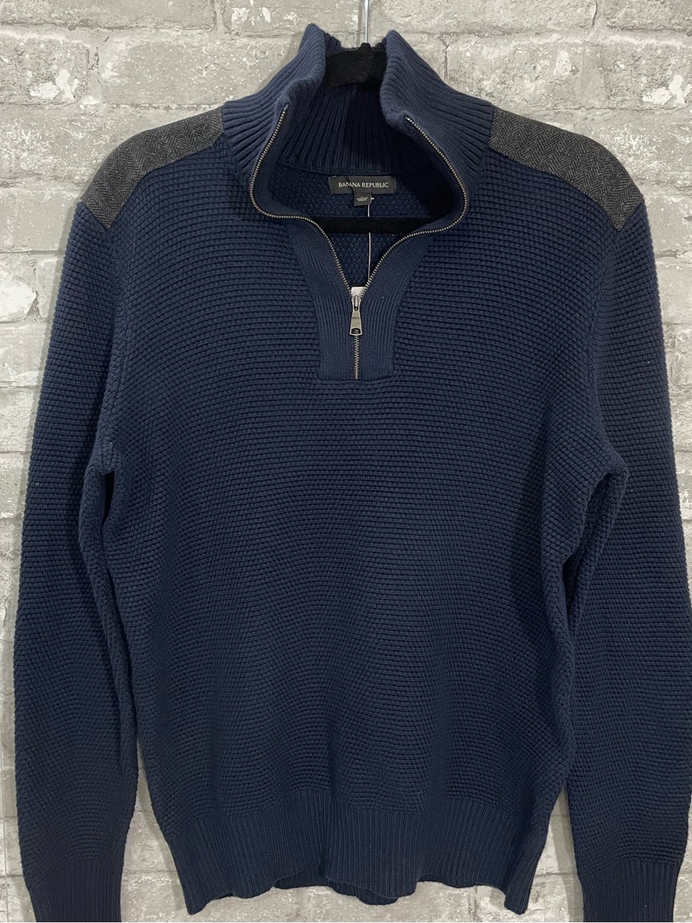 Banana Republic Navy Half-Zip Sweater with Gray Shoulder Panels